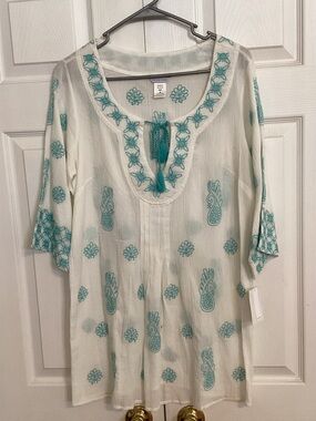 Trina Turk White Tunic Top with Teal Embroidery